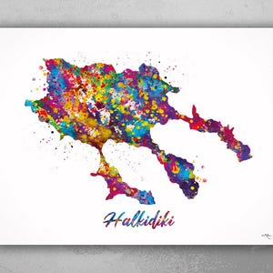 Halkidiki Map Watercolor Print Chalkidiki Print Travel Poster Honeymoon Anniversary Greece Peninsula Wall Decor Minimalist Wall Art-2284