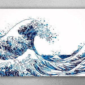 The Great Wave Off Kanagawa Big Wave Navy Blue Watercolor Print Housewarming Gift Ocean Sea Themed Wall Art Poster Wall Hanging Nautical-104