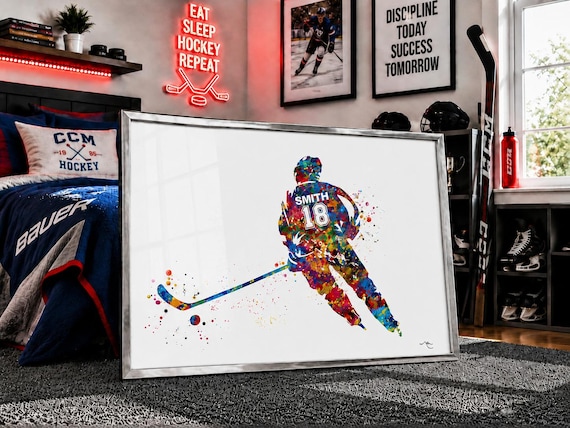 Personalized Male Hockey Player Watercolor Print – Boy's Room Decor-2592