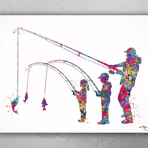 Father and Son and Daughter Fishing Watercolor Print Fishing Poster Father Day Fishing Wall Art Father Fishing Buddies Nursery Decor-1968