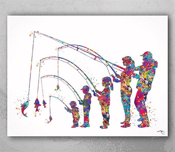 Family Fishing Watercolor Print, Colorful Kids Nursery Wall Art-2472