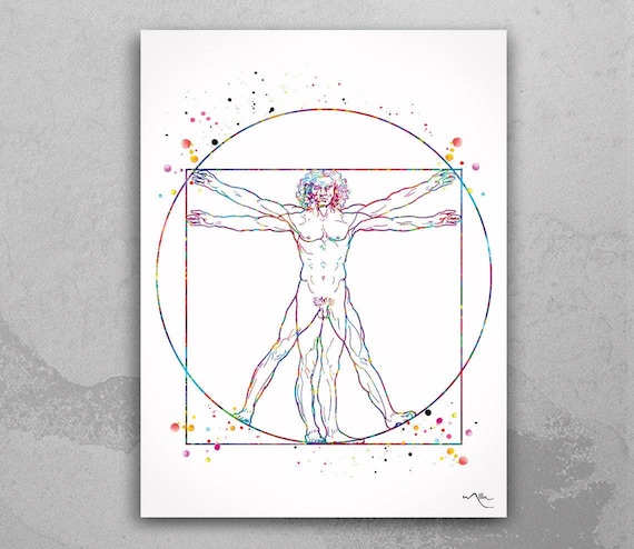 Vitruvian Man Watercolor Print | Leonardo Da Vinci Anatomy Art-513