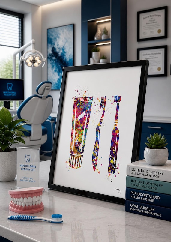 Dental Care Watercolor Print | Toothbrush, Toothpaste Art-691