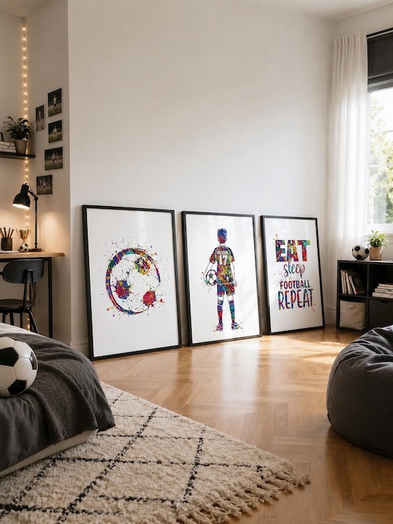 Personalized Soccer Watercolor Print Set, Football Art for Boys (Set of 3)-2742