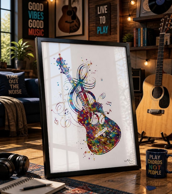Acoustic Guitar Watercolor Print, Music Room Wall Art-2453