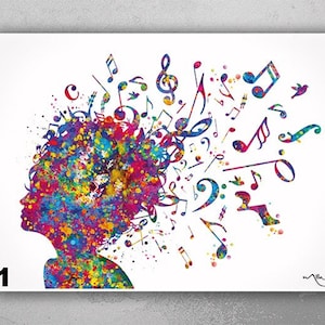 Meisje muzieknoten aquarel print solsleutel Art Print Art Print muzikant cadeau muur decor kunst aan de muur housewarming muziek kamer feest decor-2582