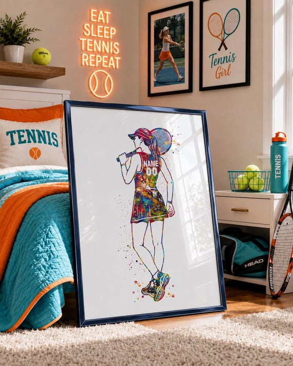 Personalized Tennis Player Female Watercolor Print, Teen Girl Room Decor-2609
