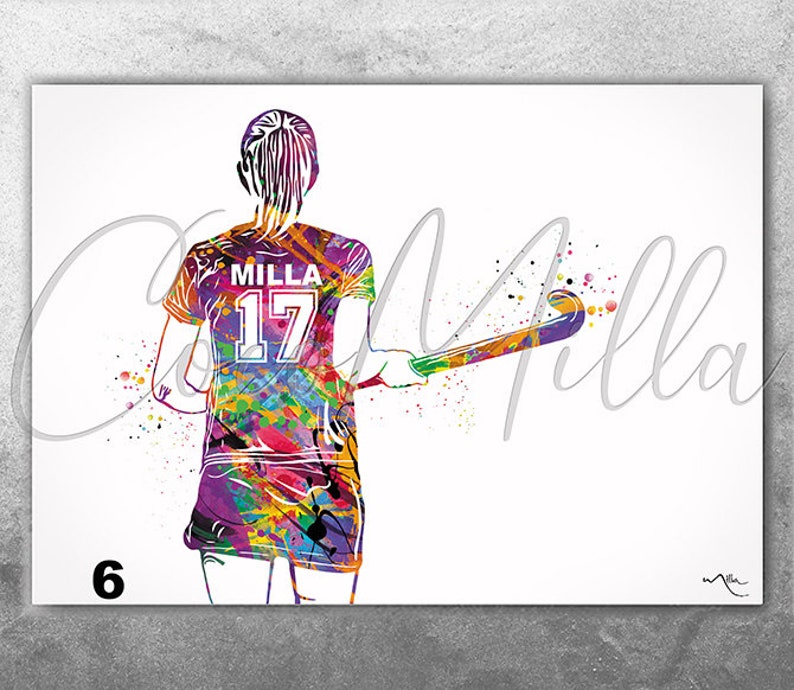 Field Hockey Player Women Girl Female Personalized Watercolor Print Sports Girl Teen Room Decor Personalized Gift Customize Wall Art-2387 image 6