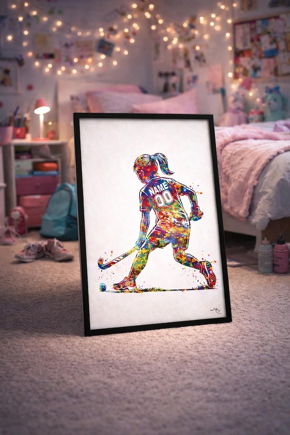 Personalized Field Hockey Girl Watercolor Print, Kids Room Decor-3040