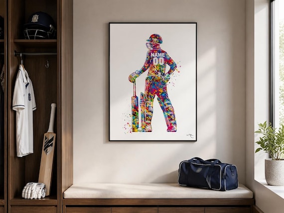 Personalized Cricket Player Watercolor Print, Boys Sports Decor-2878