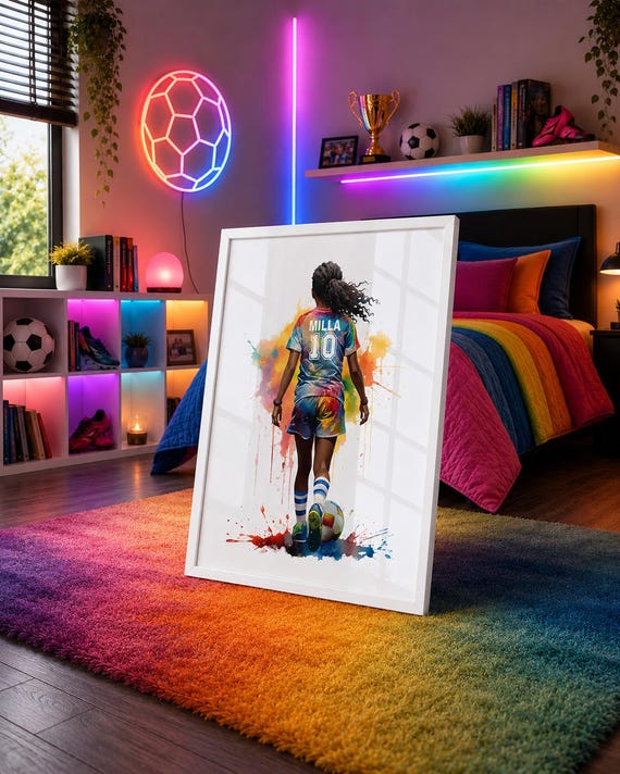 Soccer Player Black Girl Watercolor Print, Personalized Football Gift-3007