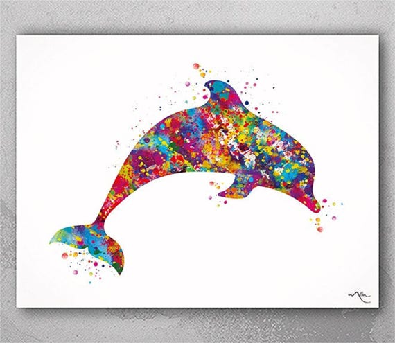 Dolphin Watercolor Print, Colorful Nursery Wall Art-676