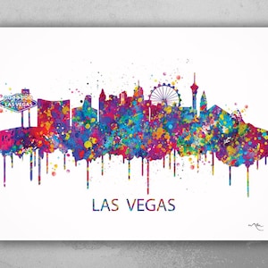 Las Vegas Skyline Watercolor Print Nevada Cityscape Wedding Gift Travel Wall Decor Wanderlust Home Decor Wall Hanging Travel Wall Art-983