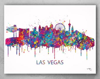 Las Vegas Skyline Watercolor Art Print, Nevada Cityscape Decor-983