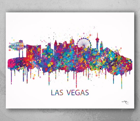 Las Vegas Skyline Watercolor Art Print, Nevada Cityscape Decor-983