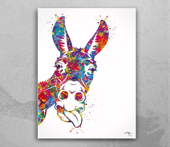 Funny Donkey Tongue Watercolor Print, Farmhouse Wall Art-1890