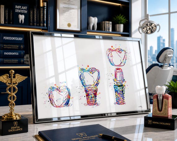 Dental Implant Watercolor Art Print: Anatomical Tooth, Dental Clinic Decor-563