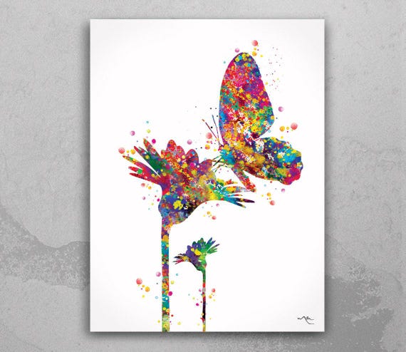 Butterfly and Flowers Watercolor Art Print, Nature Wall Decor-938