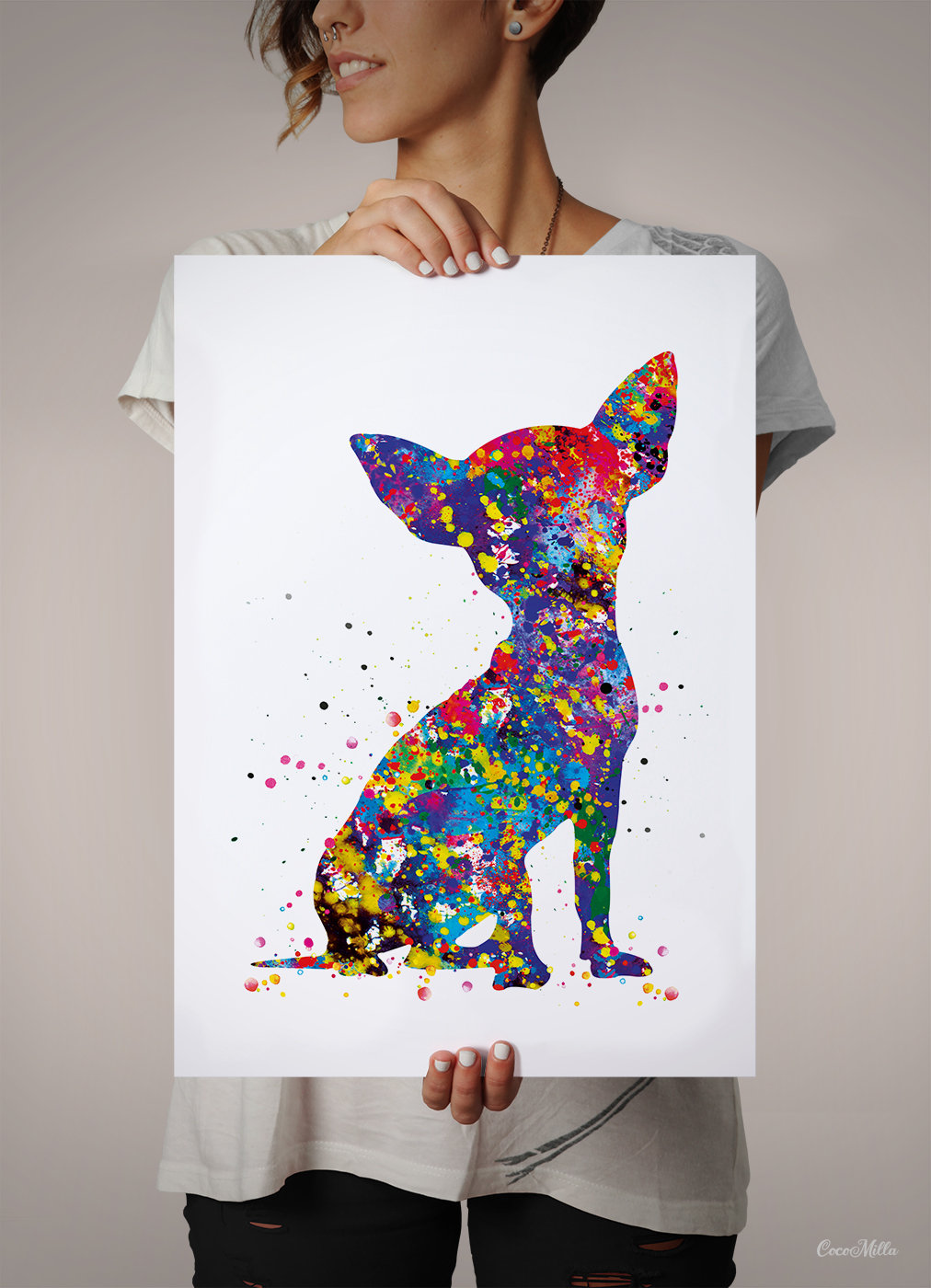 チワワの水彩画プリント：カラフルな犬のアートポスター-715 - Etsy 日本