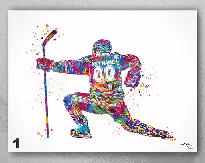 Hockey Player Male Man Boy Personalized Watercolor Print Ice Hockey Sports Boy Teen Room Decor Hockey Celebration Fist Pump Wall Art -2632