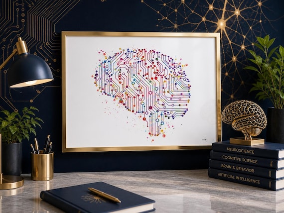 Circuit Brain Watercolor Print - Neurology Science Art-60