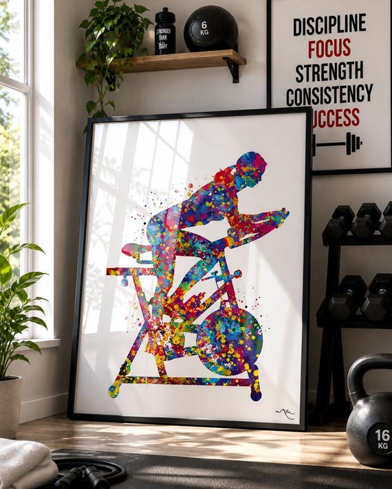 Watercolor Exercise Bike Print, Gym Fitness Wall Art-2436