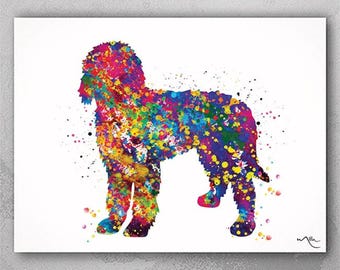 May include: A colorful watercolor painting of a dog. The dog is depicted in a standing position with its legs spread apart. The dog's fur is painted in a variety of colors, including pink, blue, green, yellow, and purple. The background is white.