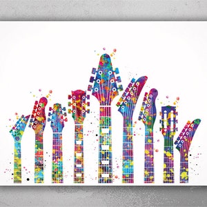 Guitars Neck Watercolor Print Music Instrument Guitar Headstock Room Music Wall Decor Guitarist Gift Music Studio Decor Wall Hanging-2454