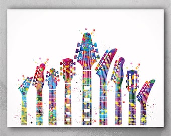 May include: A watercolor painting of nine colorful guitar necks. The guitar necks are arranged in a row from shortest to tallest. The painting is done in a variety of bright colors, including red, orange, yellow, green, blue, purple, and pink.