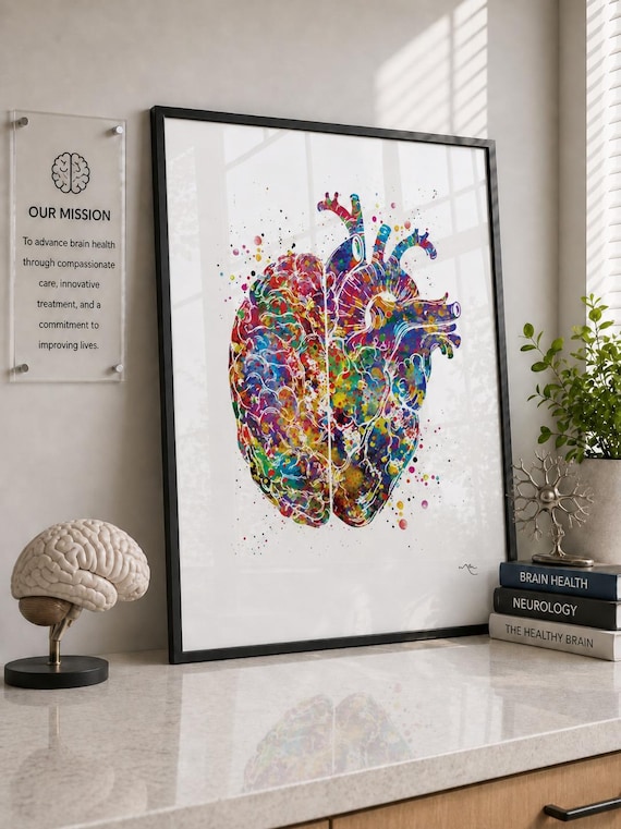 Heart and Brain Watercolor Print, Medical Anatomy Art-733