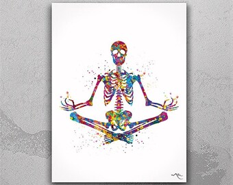Watercolor Yoga Skeleton Print: Sukhasana Pose, Yoga Wall Art-2460