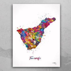 Tenerife Map Watercolor Print Canary Islands Spain Wall Art Wedding Gift Honeymoon Gift Wall Hanging Travel Poster Home Wall Decor-1644