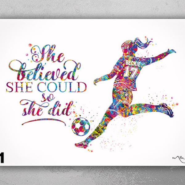 Soccer Player Girl Quote Personalized Watercolor Print Female Football She Did Motivational Woman Personalized Gift Customize Wall Art-2573
