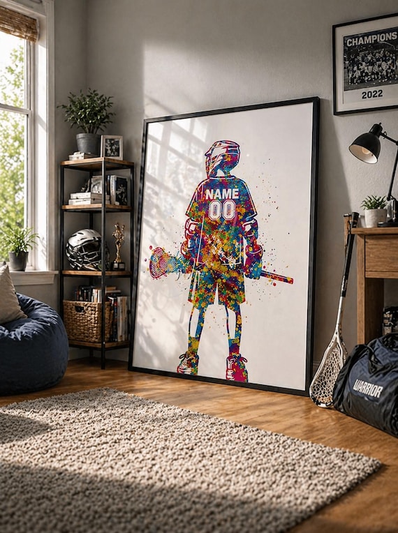 Personalized Lacrosse Boy Watercolor Print, Teen Room Decor-2896