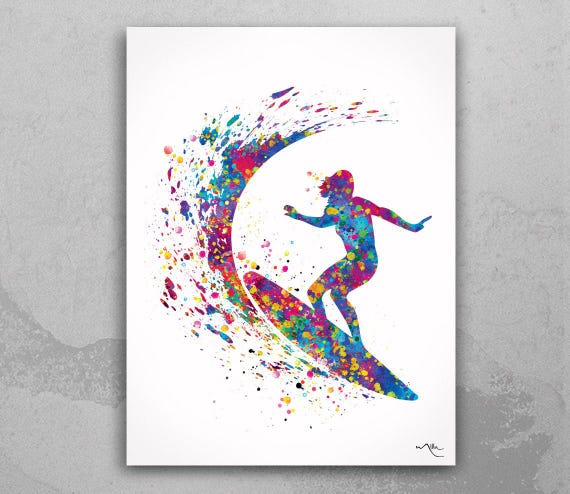 Surfer Girl Watercolor Art Print, Summer Ocean Wall Decor-1044