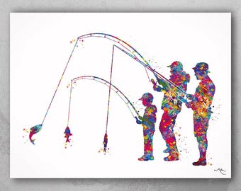 Father and Son Fishing Watercolor Print, Family Wall Art-1960