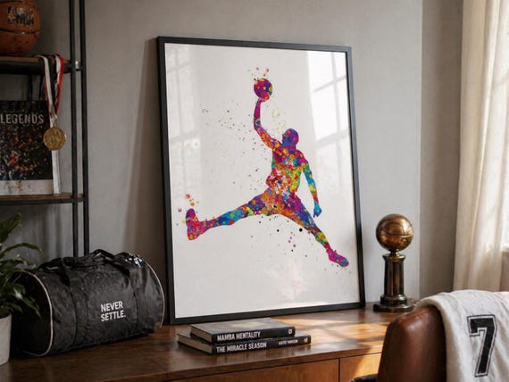 Jumpman Basketball Watercolor Print, Sport Wall Art-611