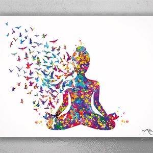 May include: A watercolour print depicting a person in a seated yoga pose, composed of colourful paint splatters. Birds in shades of blue, green, purple, and yellow appear to be emerging from the person's form, creating a vibrant design.