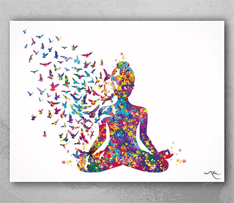 May include: A watercolour print depicting a person in a seated yoga pose, composed of colourful paint splatters. Birds in shades of blue, green, purple, and yellow appear to be emerging from the person's form, creating a vibrant design.