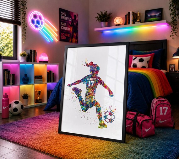 Personalized Soccer Girl Watercolor Print, Kids Room Decor-2589