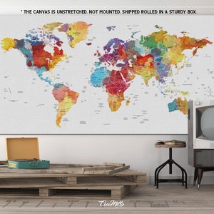 World Map Push Pin, Extra Large Canvas Print, Watercolor World Map, Push Pin World Map, Push Pin Travel Map, Wall Decor, Wall Hanging-854