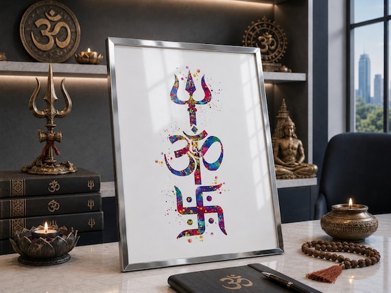 Trishul Swastik Om Symbol Watercolor Print, Hindu Wall Art-2665