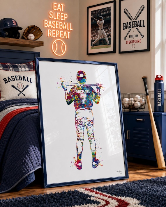 Personalized Baseball Player Male Watercolor Print: Man Cave Decor
