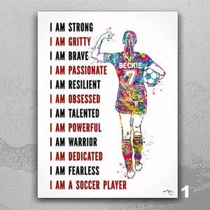 Personalized Women Soccer Player Watercolor Print I Am Strong Quote Poster Custom Name Female Soccer Gift for Girl Footballer Poster-2504