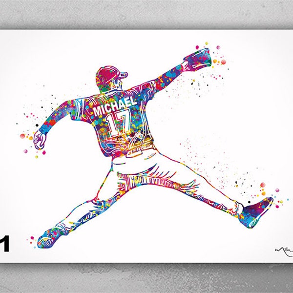 Baseball Pitcher Personelized Watercolor Print Male Baseball Gift Man Cave Decor Boy Man Room Teen Bedroom Decor Customize Wall Art-2600