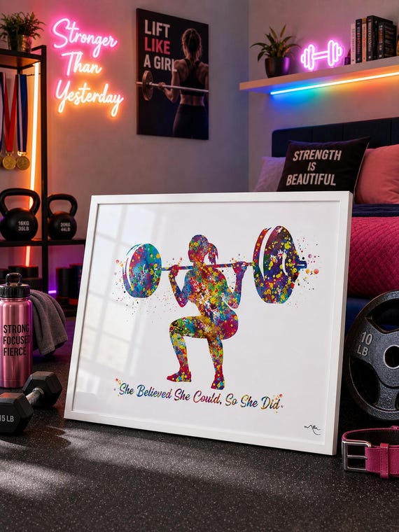 Watercolor Weightlifting Print: Woman Back Squat, Gym Wall Art-2652