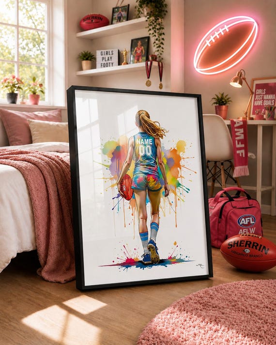 Personalized Aussie Rules Football Watercolor Print, Female Footy Team AFL Christmas Gift-2929