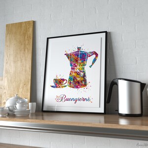Buongiorno Moka Pot Watercolor Print, Italian Coffee Art-2202 image 4