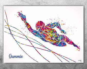 Swimmer Art Personalised Watercolor Print Swimmer Girl Housewarming Gift Boy Swimming Wall Decor Teen Room Teen Nursery Sport Wall Art-2765