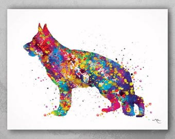 German Shepherd Watercolor Art Print, Colorful Dog Wall Decor-207